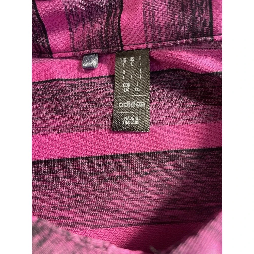 adidas Men's Polo Shirt L Pink Black Striped Short Sleeve Collared Button Poly